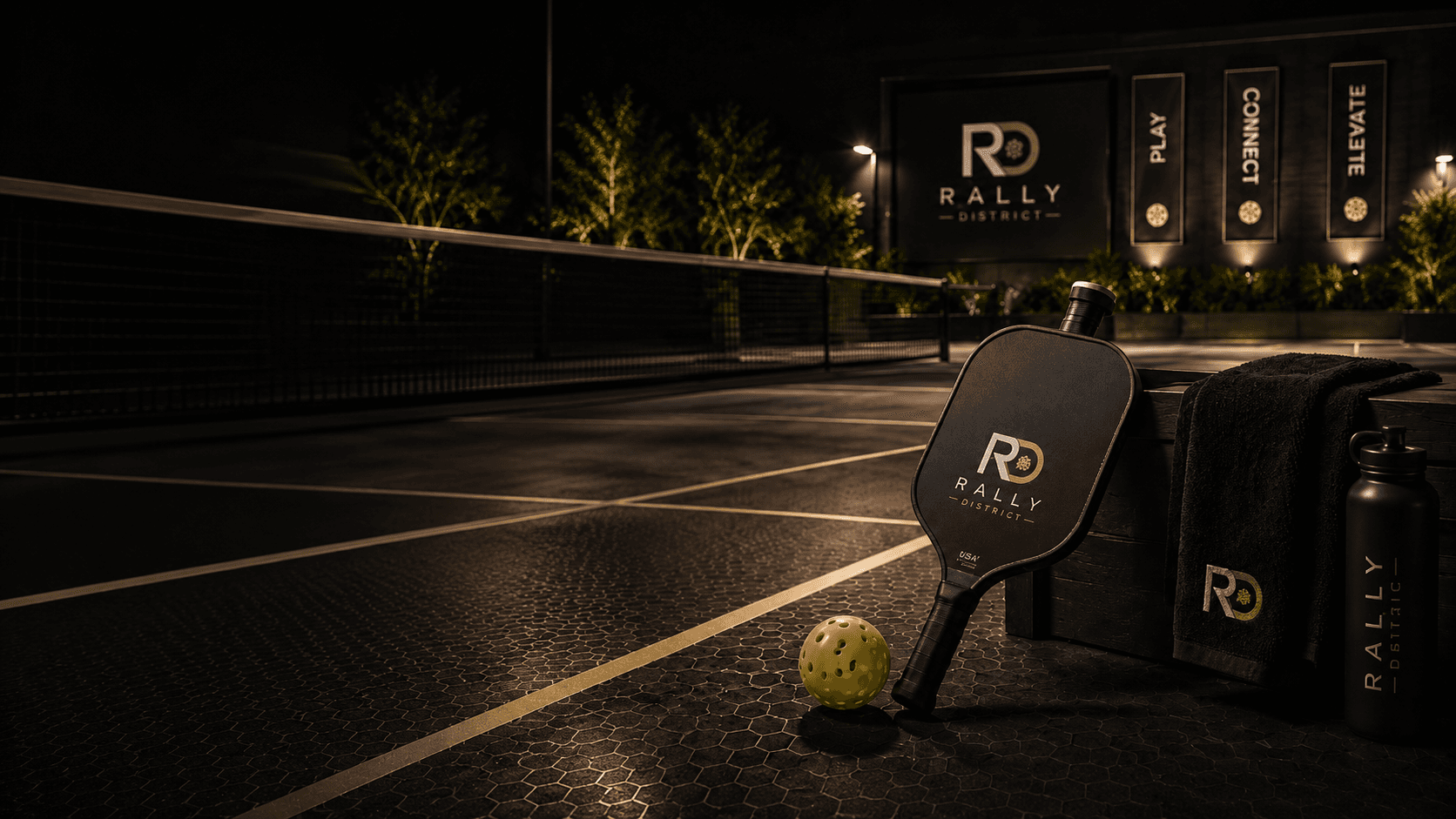 Rally District pickleball court at night